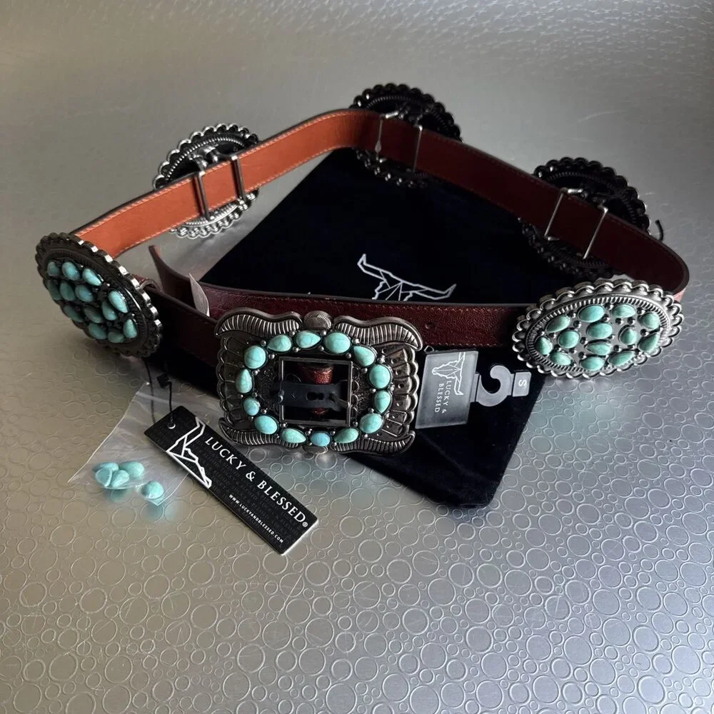Lucky & Blessed Turquoise Concho Leather Belt - Size S Runs Bigger Dust Bag